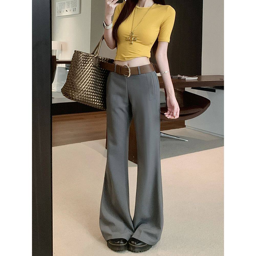 灰色西装休闲裤女秋季复古低腰显瘦微喇裤子垂感喇叭马蹄拖地长裤