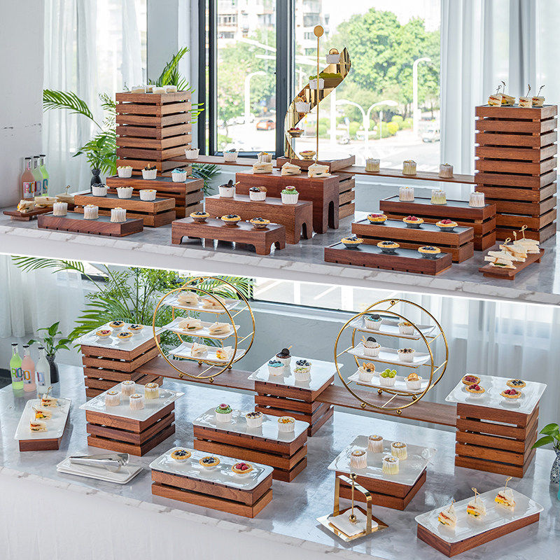 中式木质自助餐桌甜品台摆件展示架蛋糕点心展示架冷餐会茶歇摆台