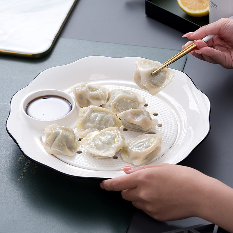 水饺盘家用带醋碟纯白双