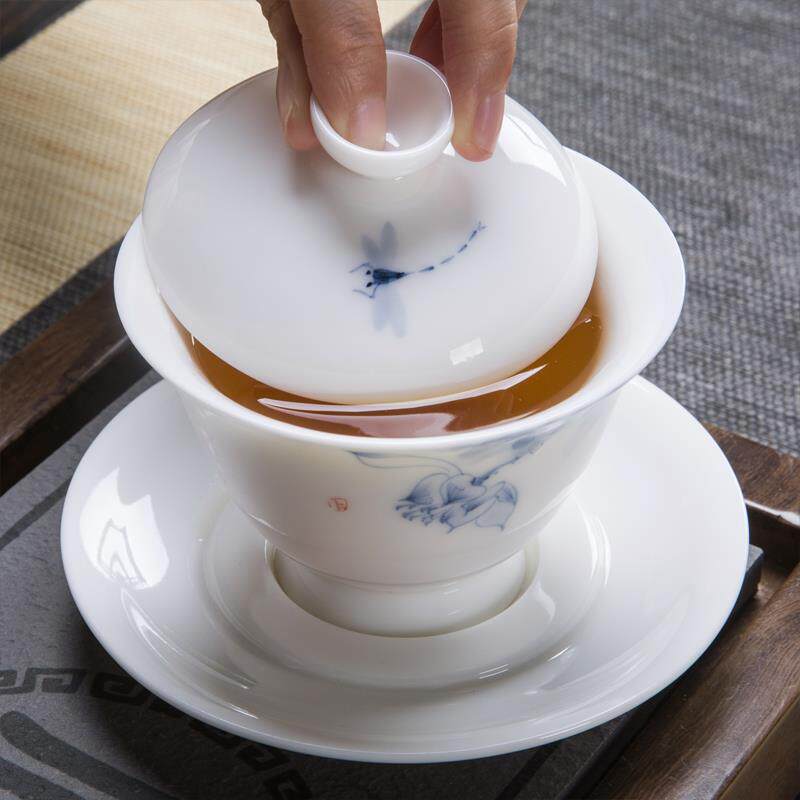 德化白瓷功夫茶具手绘荷花盖碗轻奢陶瓷茶具组+大号小清新风格泡