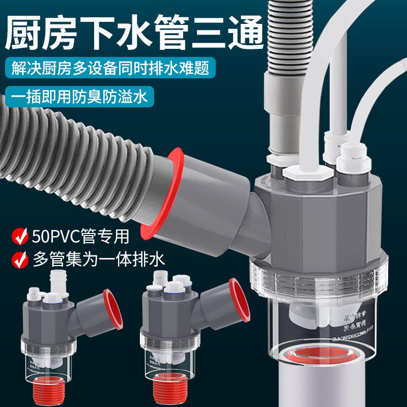厨房水槽下水三通洗衣池洗碗机净水器前置小厨宝管道防臭排水神器