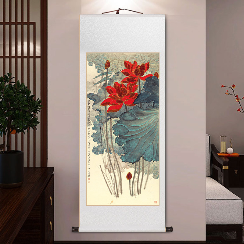 张大千金线荷花卷轴挂画中式客厅玄关装饰画茶室壁画字画装裱竖版