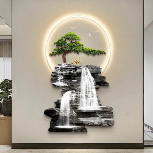 流水生财入户玄关装饰画迎客松招财寓意灯壁画新中式走廊过道挂画