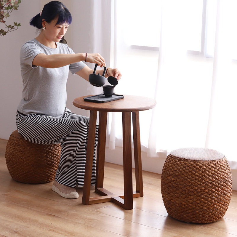 实木藤编换鞋凳 家用圆柱矮板凳 可定制藤编坐墩 蒲草鼓凳多功能