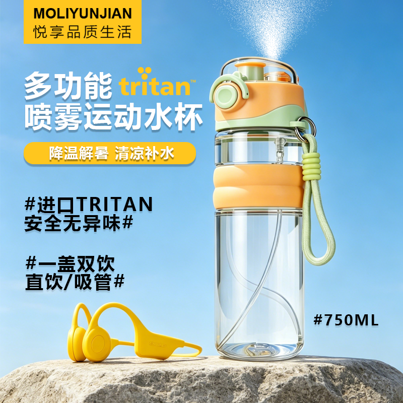 学生运动喷雾杯Tritan一盖双饮