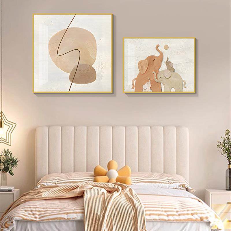 卧室床头装饰画奶油风主卧背景墙画大象抽象温馨两V联挂画餐厅壁