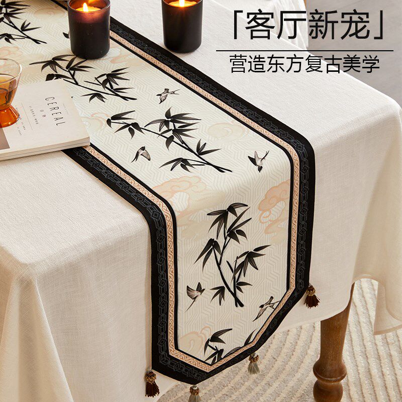 新中式中古风桌旗 高级感电视柜桌布边柜茶几定制田园长条桌旗