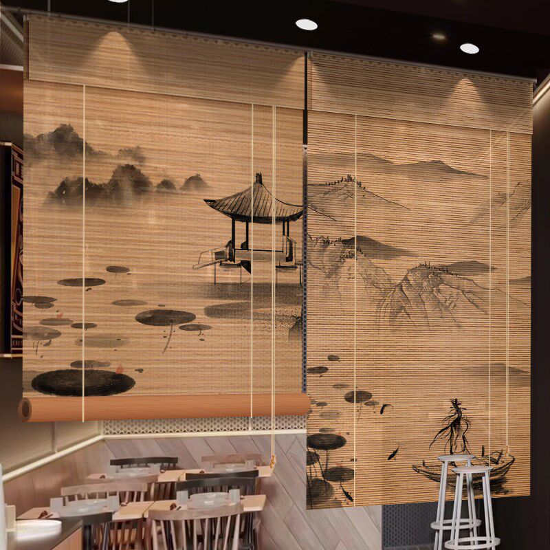 烟雨江南画竹帘卷帘窗帘酒楼餐厅隔断装饰帘子阳台防晒隔热遮阳帘