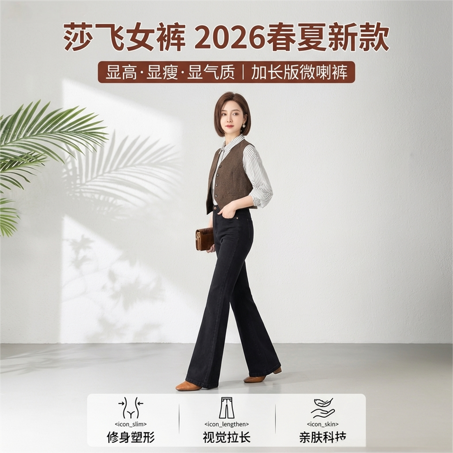 莎飞女裤2026春夏季新款S26125高腰弹力黑色九分牛仔裤修身微喇裤