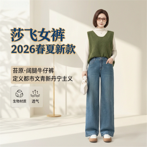 莎飞女士高腰弹力加长阔腿牛仔裤