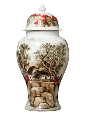 景德镇陶瓷花瓶中式手绘将军罐仿古瓷器客厅桌面装饰摆件瓷瓶大号