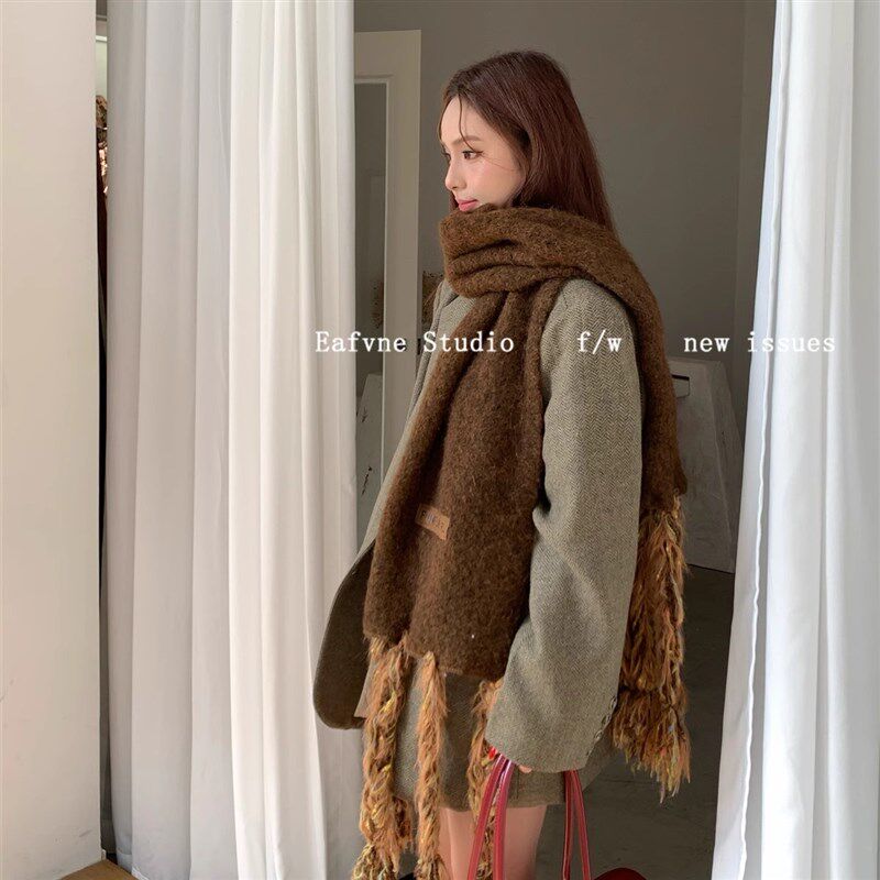Vintage古着感潮人手工流苏马海毛围巾女冬季ins软糯加Z厚围脖披