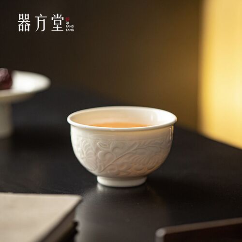 定窑白缸杯主人杯k单个仿宋浮雕中式品茗杯大容量喝茶水杯高端茶