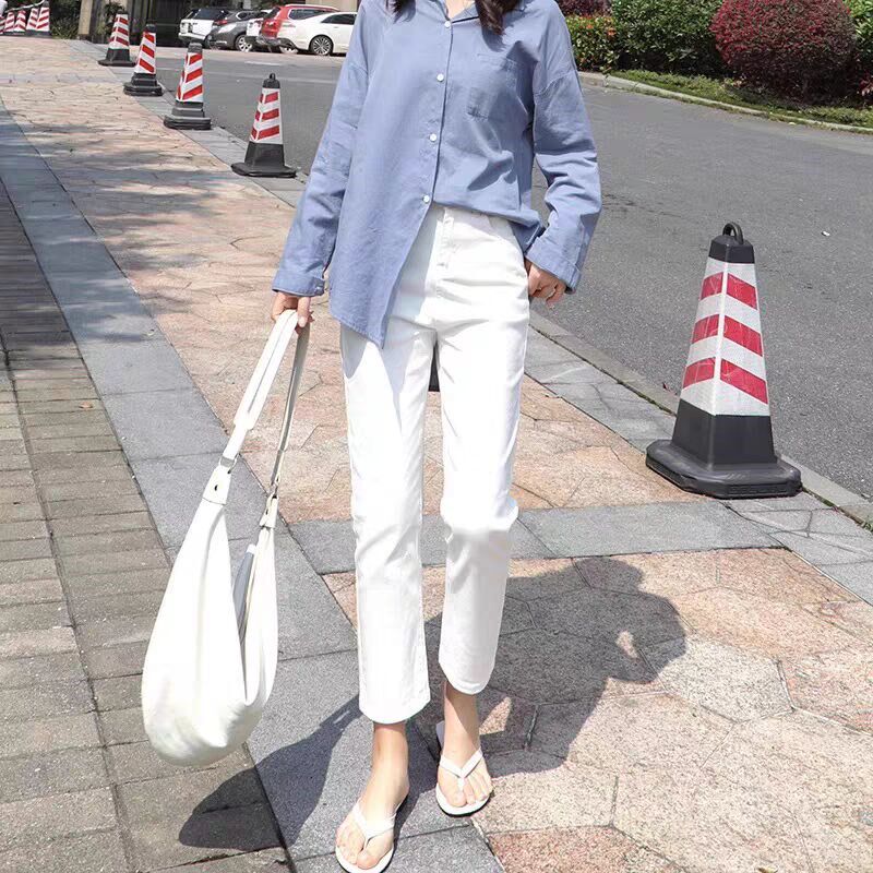九分白色牛仔法棍裤女士q直筒2025新款小个子八分烟管裤四面弹不