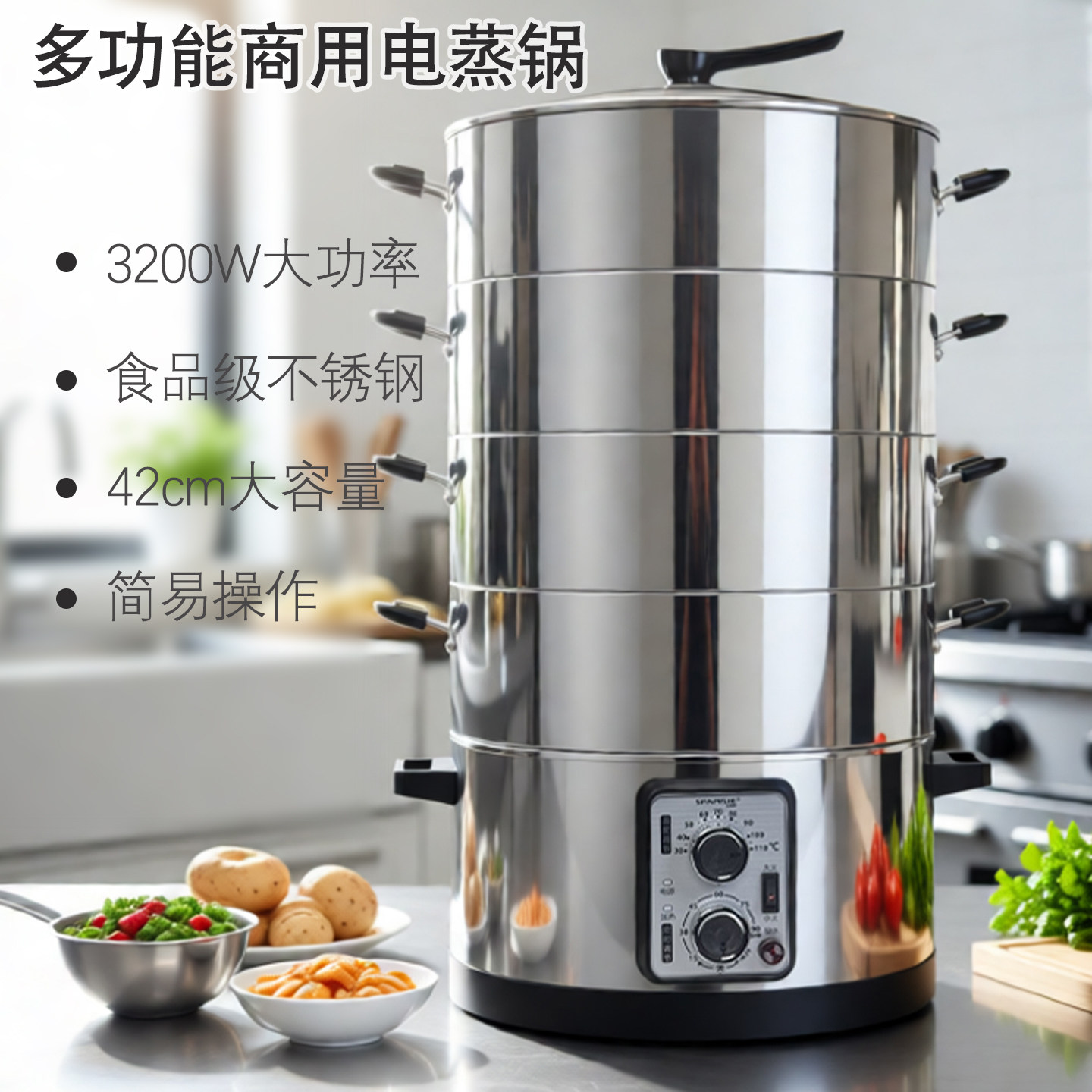sanmsie山姆斯42cm机械款电蒸锅餐饮商用不锈钢多层蒸笼超大容量
