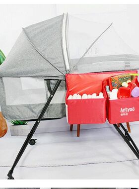 挂钩式挂袋适合闭合式婴儿床摇篮 双格立体挂袋 尿布袋 床头收纳