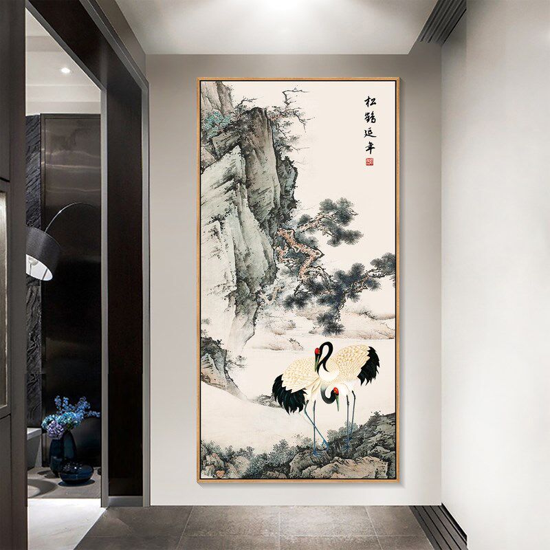 迎客松玄关壁画松鹤延年装饰画仙鹤挂画新中式字画餐厅老人房墙画