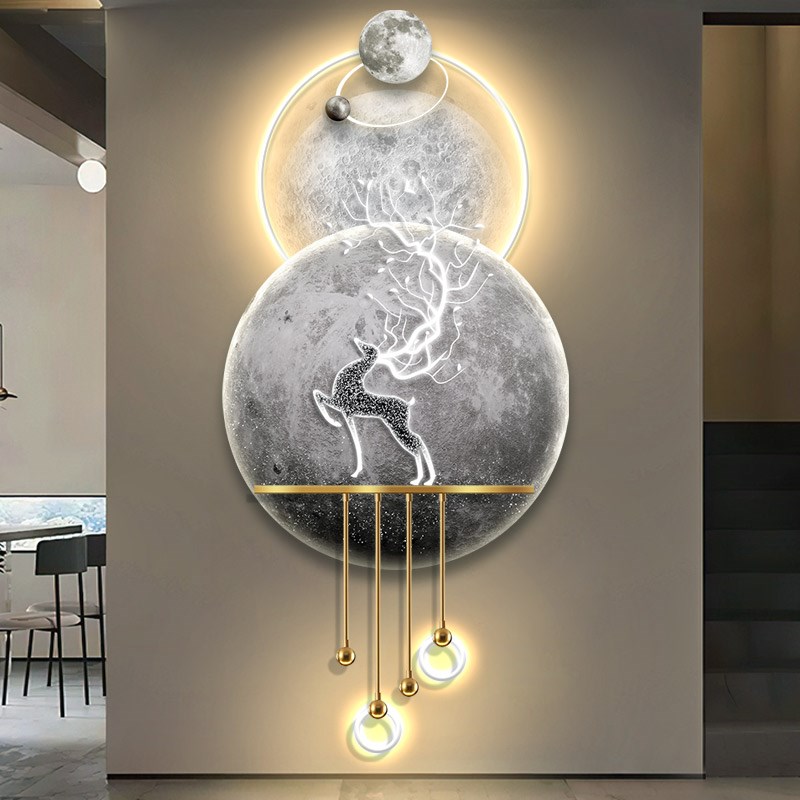 月球轻奢玄关装饰画立体氛围感LED吊灯画软装家居走廊过道悬挂画