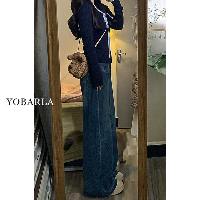 复古直筒牛仔裤女夏季大码胖mm高腰宽松显瘦梨形身材拖地阔腿裤子