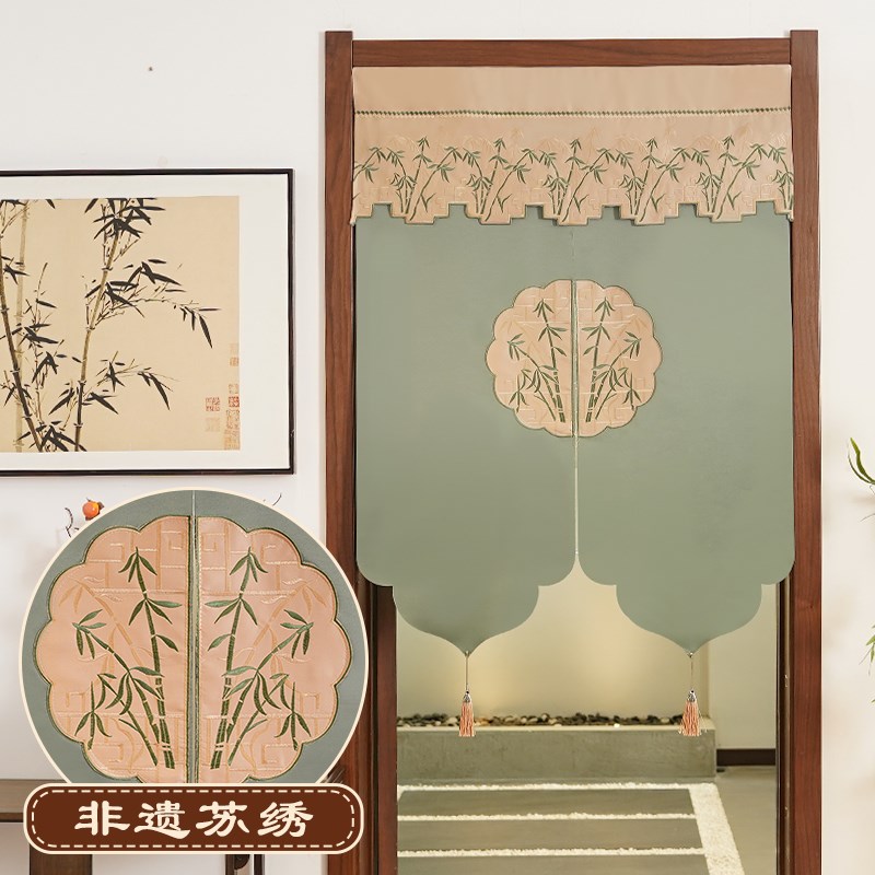 门帘新中式竹子隔断装饰帘子入户家用免打孔苏绣组合帘布艺半帘