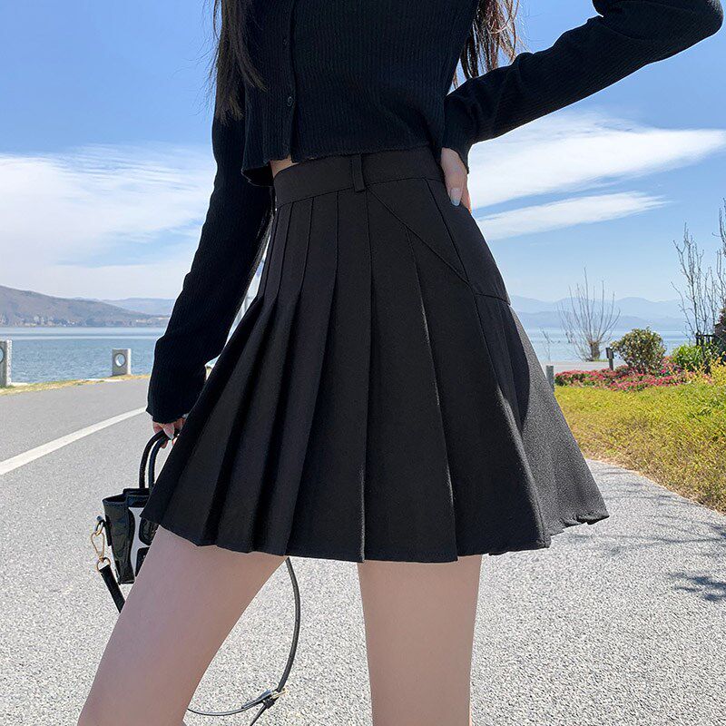 百褶裙女夏季高腰a字裙显瘦半身裙学生灰色西装面料学院风短裙裤