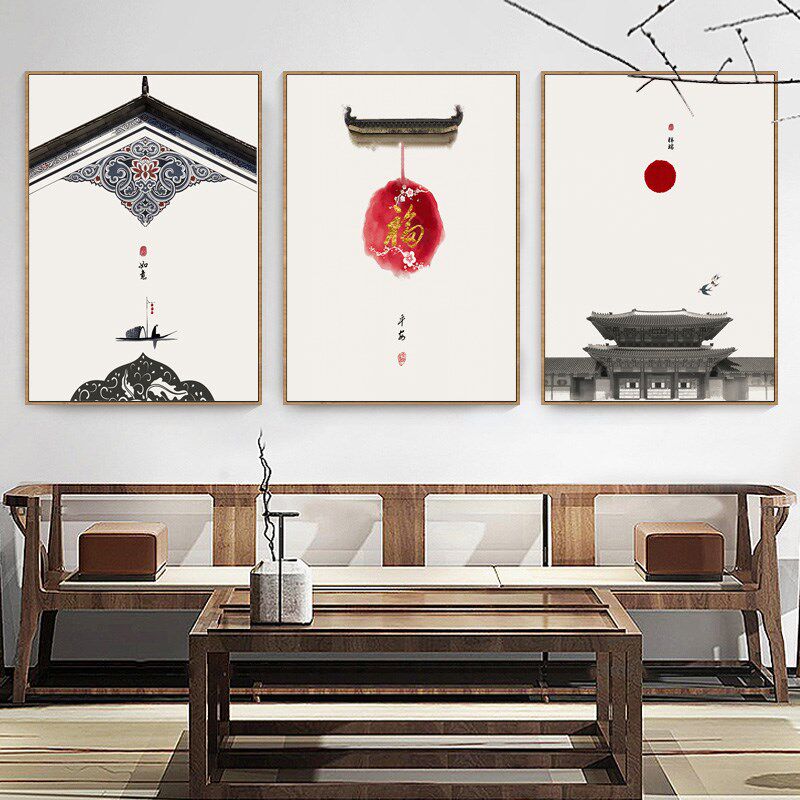 新中式客厅沙发背景墙装饰画中国风徽派建筑挂画玄关茶室民宿壁画