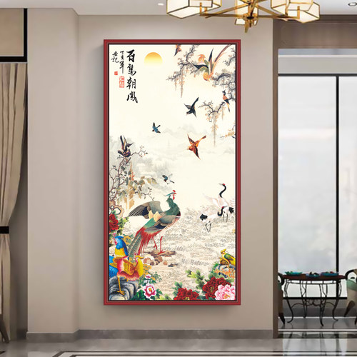 玄关过道定制墙壁画轻奢葫芦孔雀贴画竖版入户客厅走廊墙面装饰画