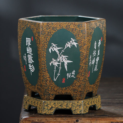 精品紫砂花盆绿植花卉君子兰花盆景六方形轻奢古典室内桌面中国风