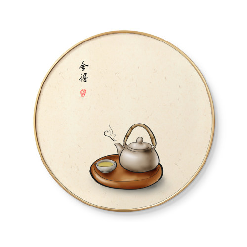 茶室装饰画新中式客厅沙发书房壁画吃茶图禅意挂画玄关复古圆形画