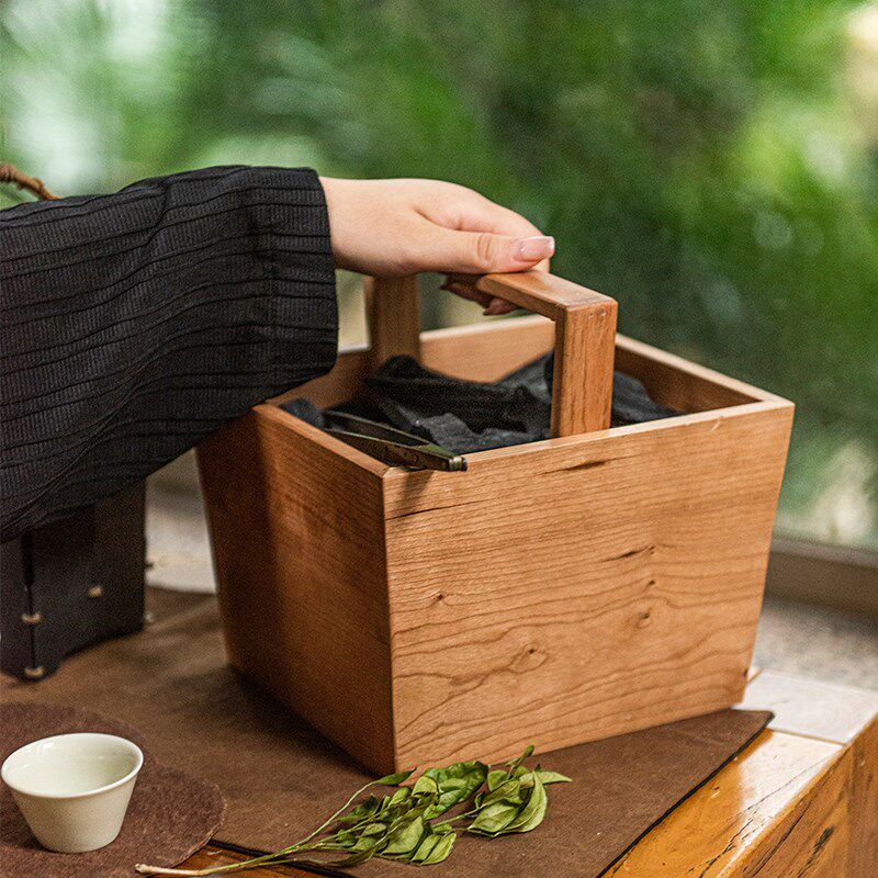 果木炭收纳盒碳篮子户外围炉煮茶茶具提蓝茶箱实木茶室提梁茶具盒