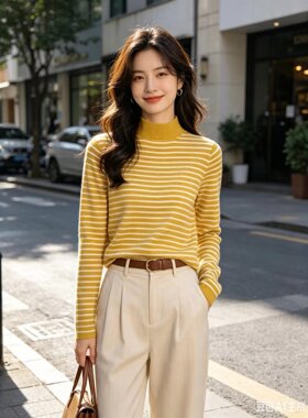 60301205拉夏家姜黄白条纹半高领针织打底衫AI女弹力长袖上衣H