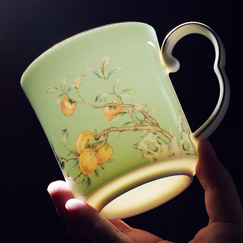 迈卡伦 新中式办公泡茶水杯会议杯宫廷风骨瓷杯子带盖马克杯礼物