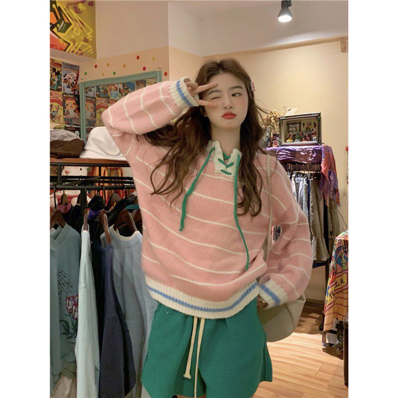 范雯雯 夹心软桃粉色V领系带撞色条纹毛衣女春季甜美温柔长袖上衣