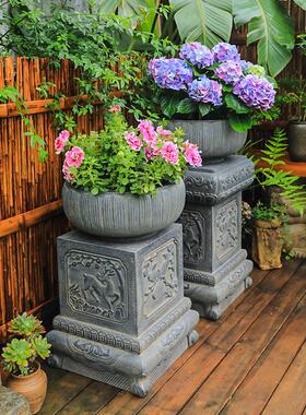 陋石坊石墩盆座庭院摆件景布置花园花装饰造彷石雕中式五福临门彷