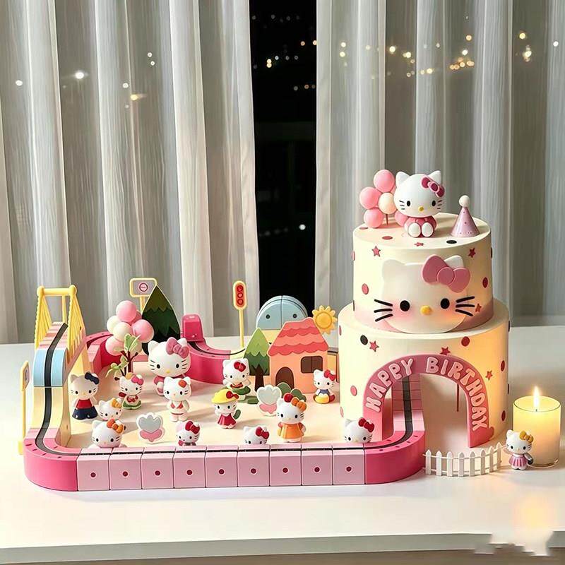 网红轨道山洞蛋糕装饰/摆件玩偶女儿童孩生日猫粉色装套蛋糕装扮