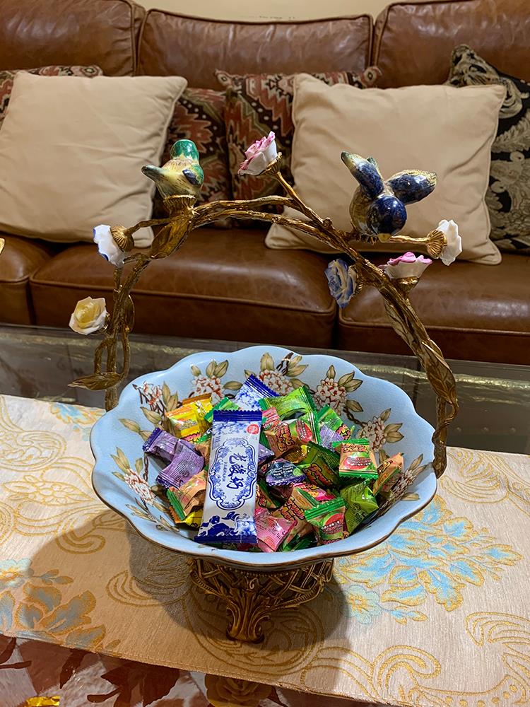 美饰家居陶瓷配铜小鸟提篮果盘 客厅茶几美式家居高端工艺品摆件