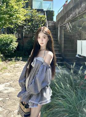 复古条纹蝴蝶结甜辣妹露肩初夏一