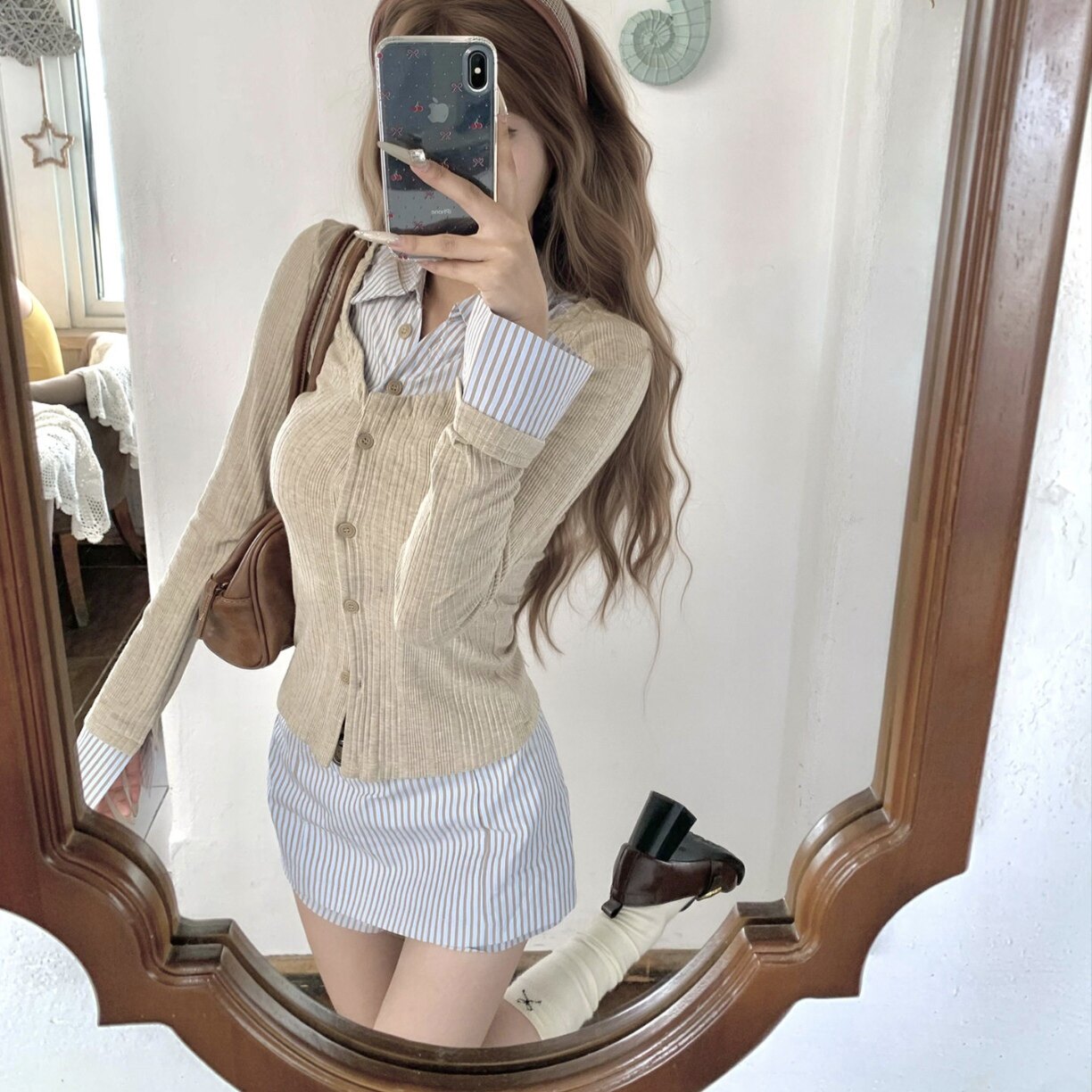 miu系套装长袖衬衫搭配半身裙子假两件女韩系一整套2025新款早秋