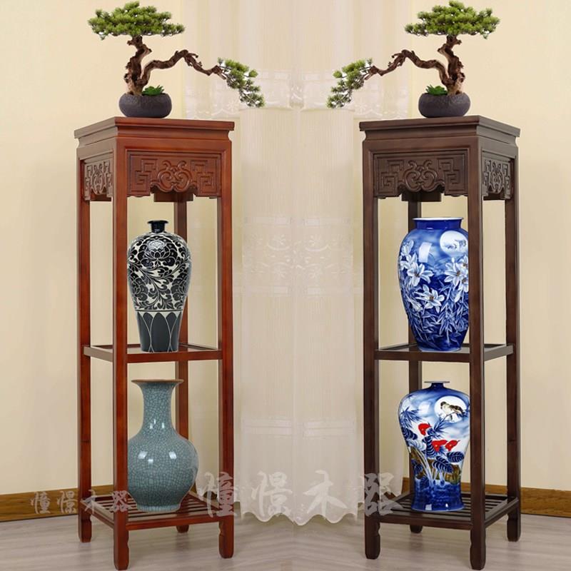 实木中式超高客厅多层p木质高花架子仿古室内简约奇石花瓶架置物