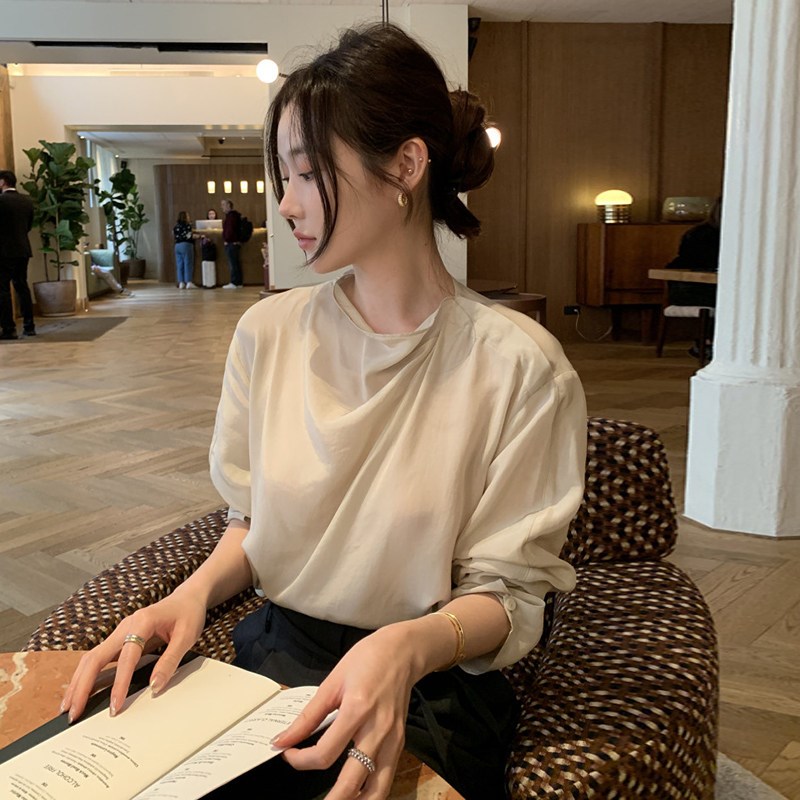 韩国chicg春季简约气质半高领侧肩暗扣褶皱百搭显瘦薄款长袖衬衫