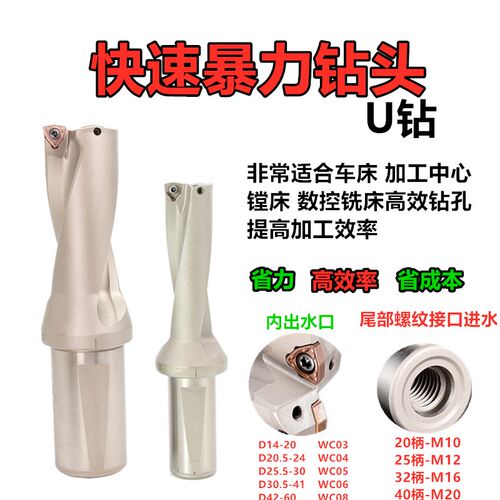 特效暴力钻喷水钻U钻快速钻头直径D13-D65 2倍/3倍/4倍径装WC刀片