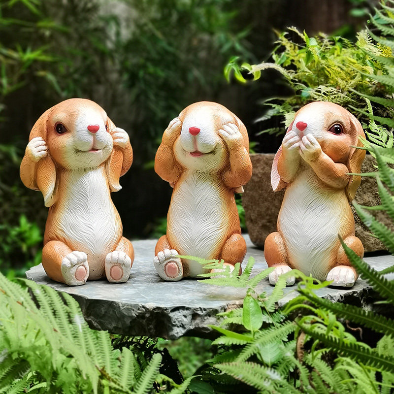 不听不看不说兔子杂货花园庭院装饰桌面摆件复古做旧乡村园艺景观