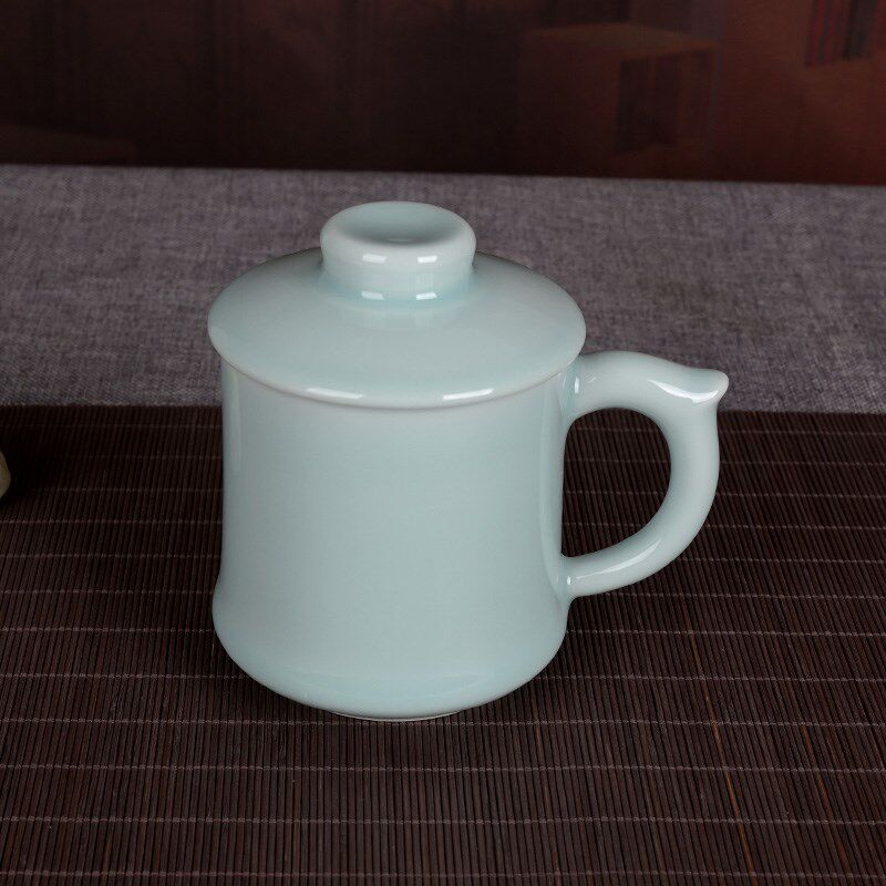 流转千年创意青瓷茶杯办公礼品杯陶瓷带盖有柄水杯泡茶杯竹型杯子