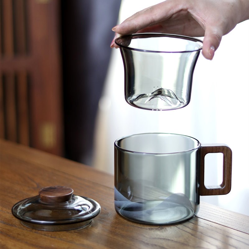 高颜值矮胖器型同心杯耐热玻璃过滤三件杯观山办公泡茶杯家用水杯
