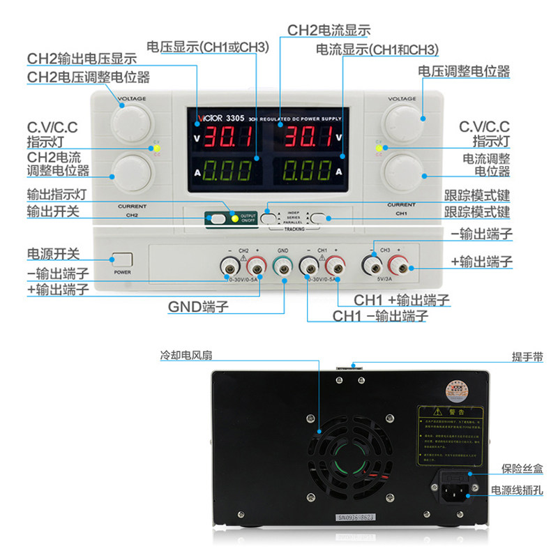 胜利直流稳压电源VC3005U高精度带USB口多路稳压电源三位数显