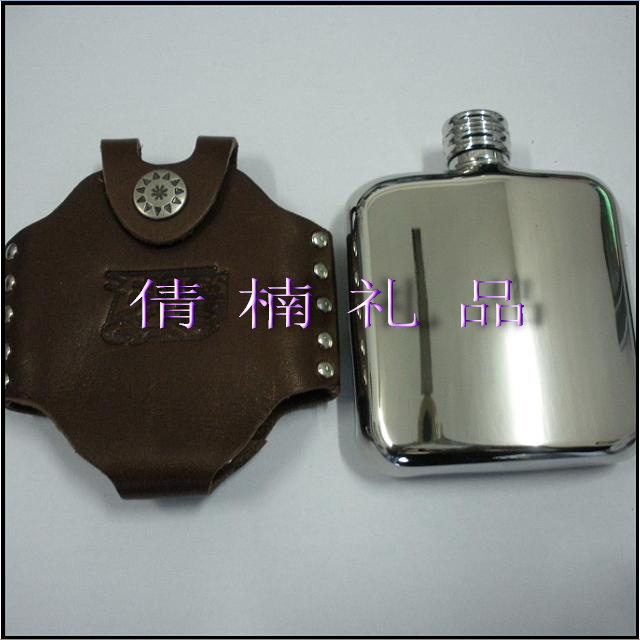 高档酒壶/不锈钢无焊缝酒壶/4盎司圆角镜面酒壶(带真皮套 )