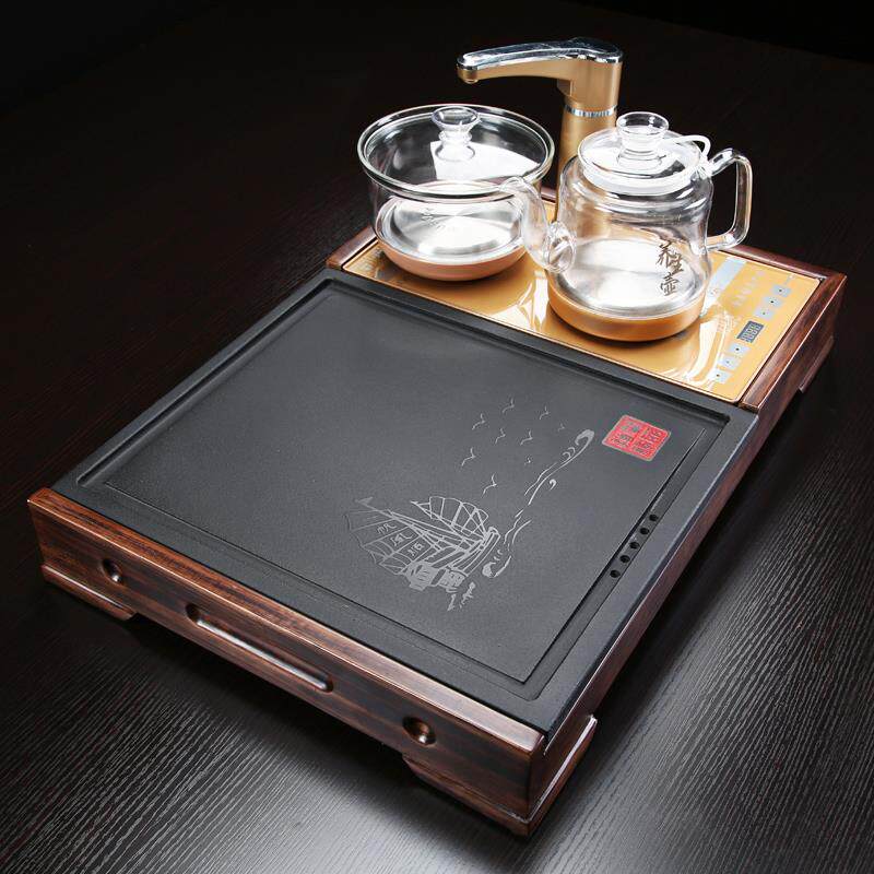乌金石茶盘套装一体小型全自动泡茶台家用实木排水茶海石盘茶具托