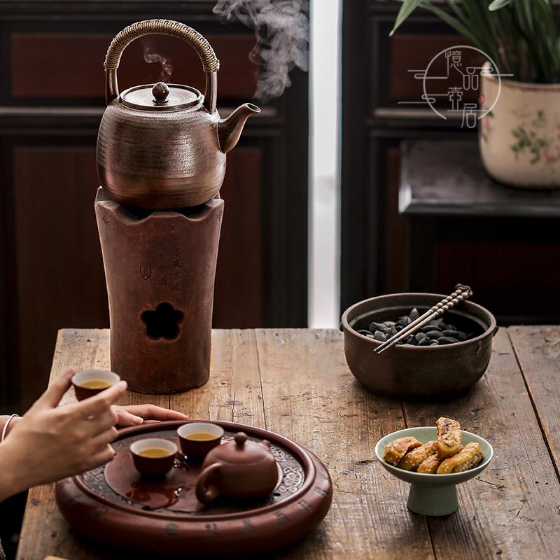 柴烧纯手工煮茶陶壶 日式复古提梁茶壶 粗陶围炉煮茶用具