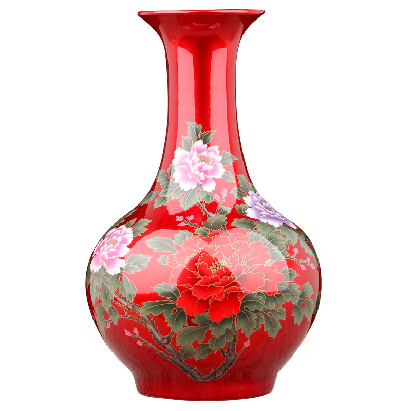 景德镇水晶釉陶瓷中国红花瓶摆件客厅插花中式卧室餐桌装饰花器