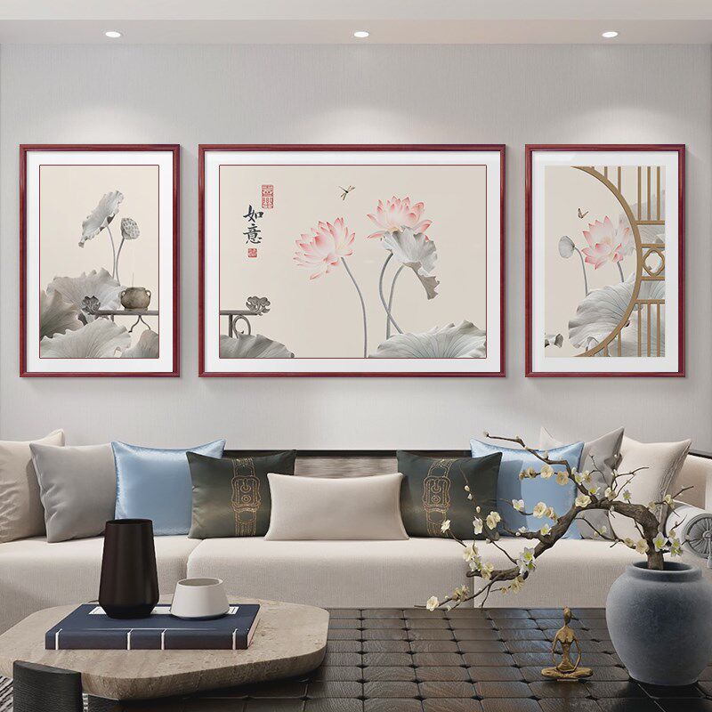 新中式荷花客厅装饰画国风沙发背景墙三联画2024年新款壁画高级感